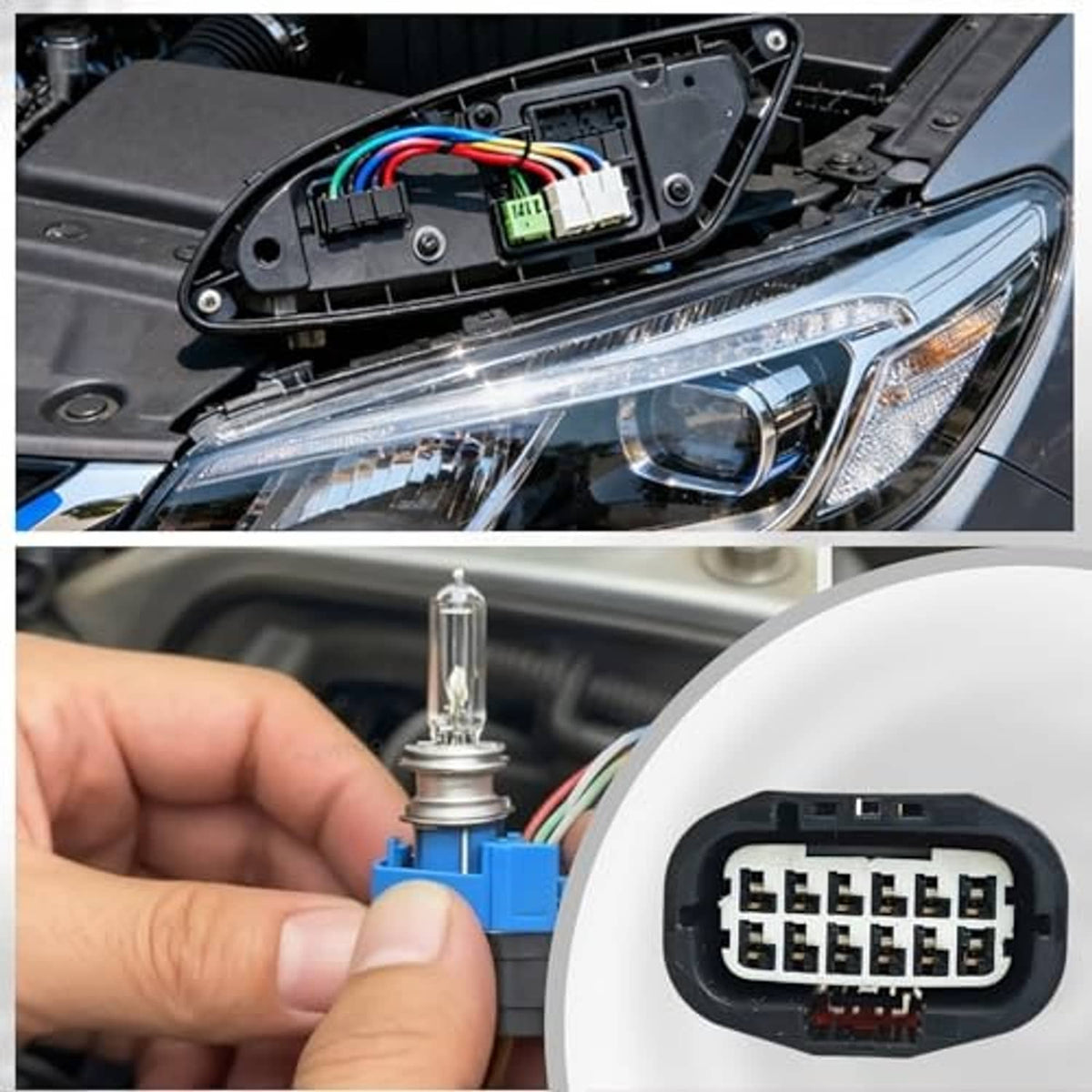 Headlight wiring connector pigtail plugged into headlamp housing