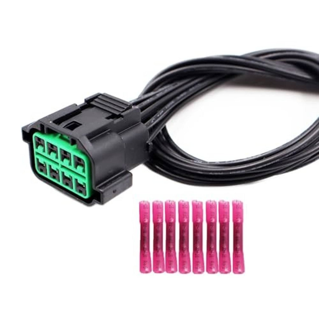 8-way headlight wiring connector with black housing, bundled wires and pink terminal caps