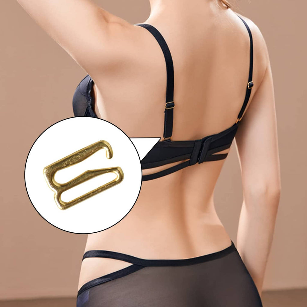 Black bra with adjustable gold-toned strap hook detail on back