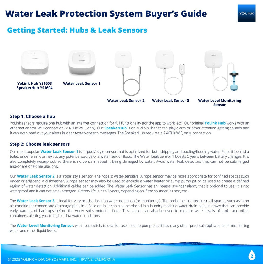 YoLink white leak sensors set with speaker hub, sensor probes, and level monitor unit