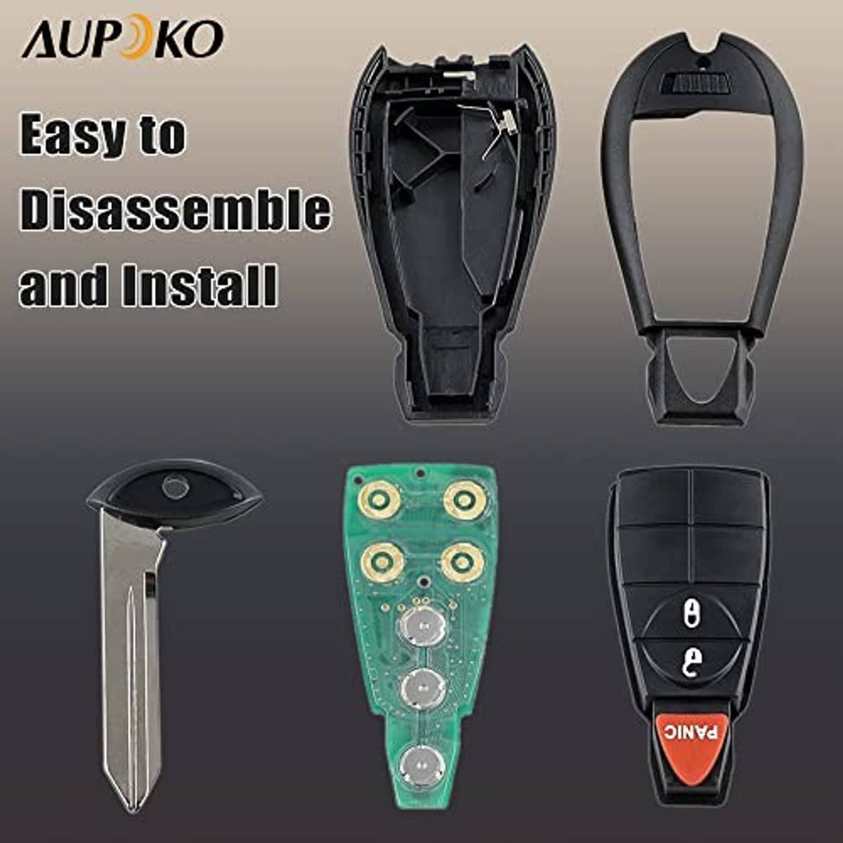 Car key fob disassembled: case pieces, circuit board, and metal key blade