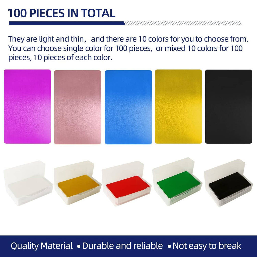 Small metal business cards in multiple colors, shown loose with mixed color set.