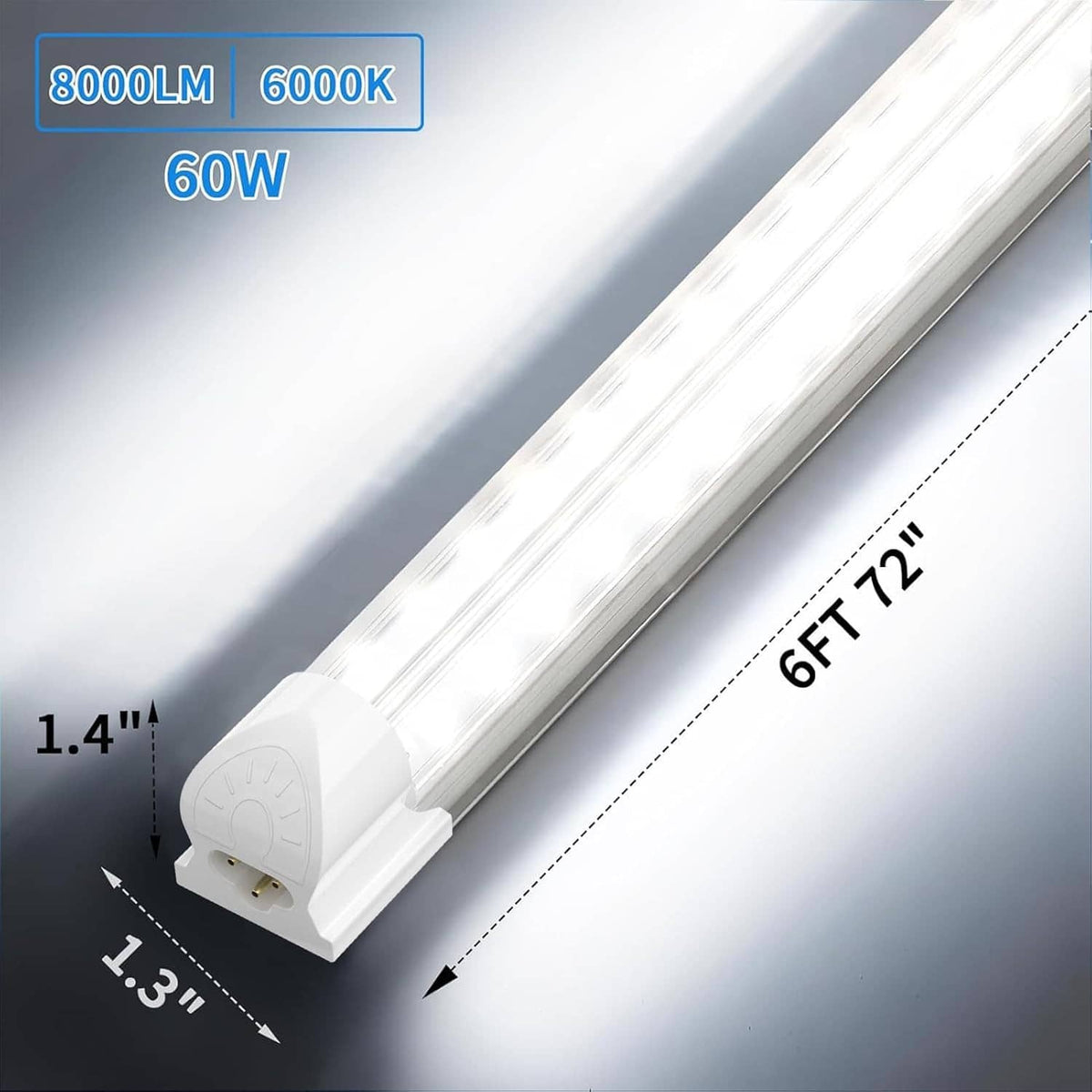 6 ft LED shop light fixture with white end cap and long slim housing