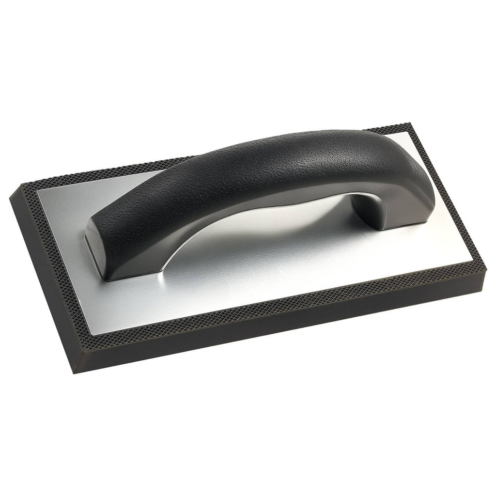 Rubber grout float with dark non-slip handle and textured base