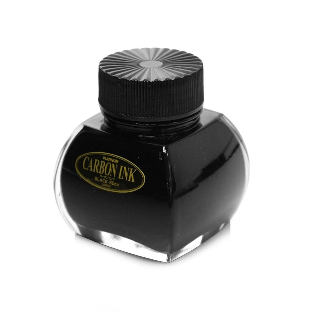 Black carbon ink bottle with ribbed cap and Carbon Ink label, 60cc