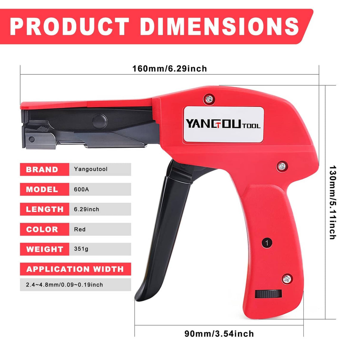 Red cable tie gun with black trigger and front mechanism, with product dimensions