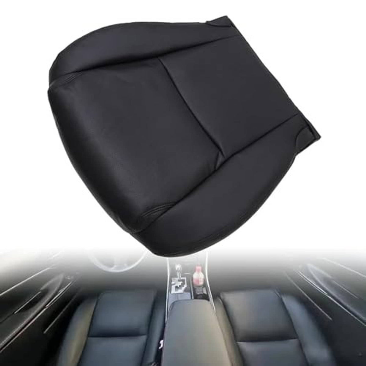Black front seat bottom cushion cover with seam lines and tailored edge finish