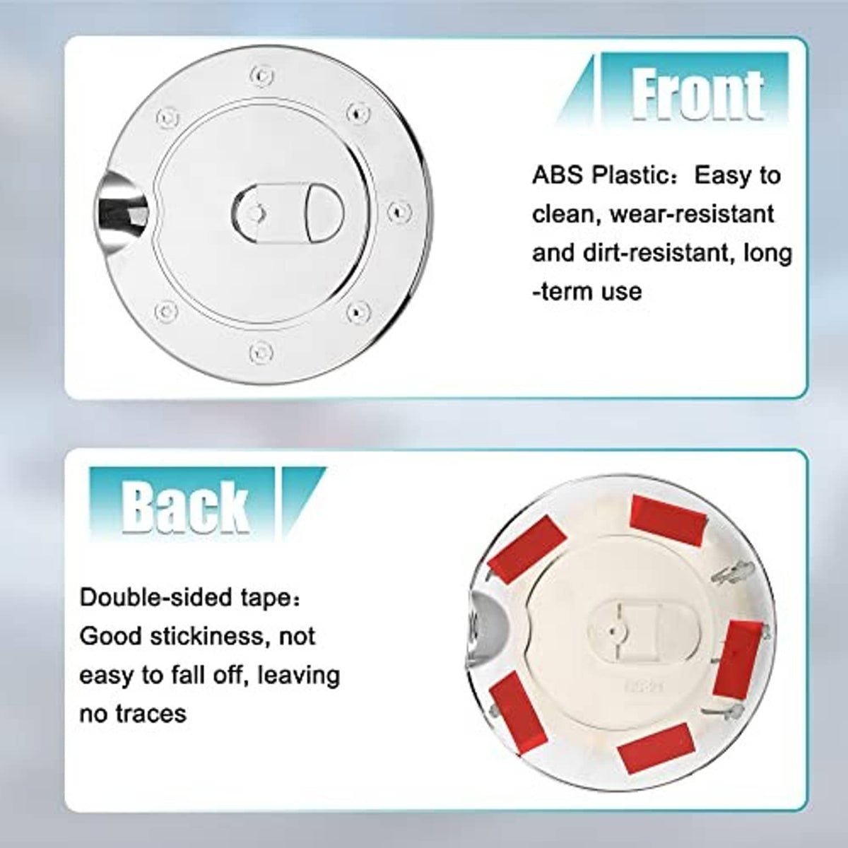 Chrome fuel tank filler cap cover shown on backing, front view with screw ring