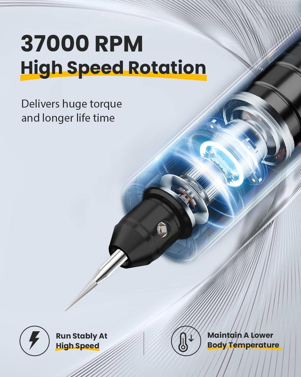 Cordless rotary engraving pen tip with blue LED glow on metal shaft, black handle