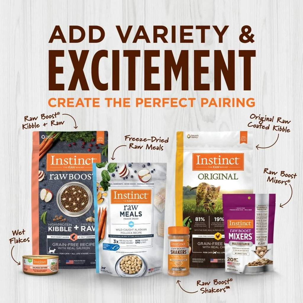Instinct grain-free wet cat food label with guaranteed analysis and calorie content per recipe