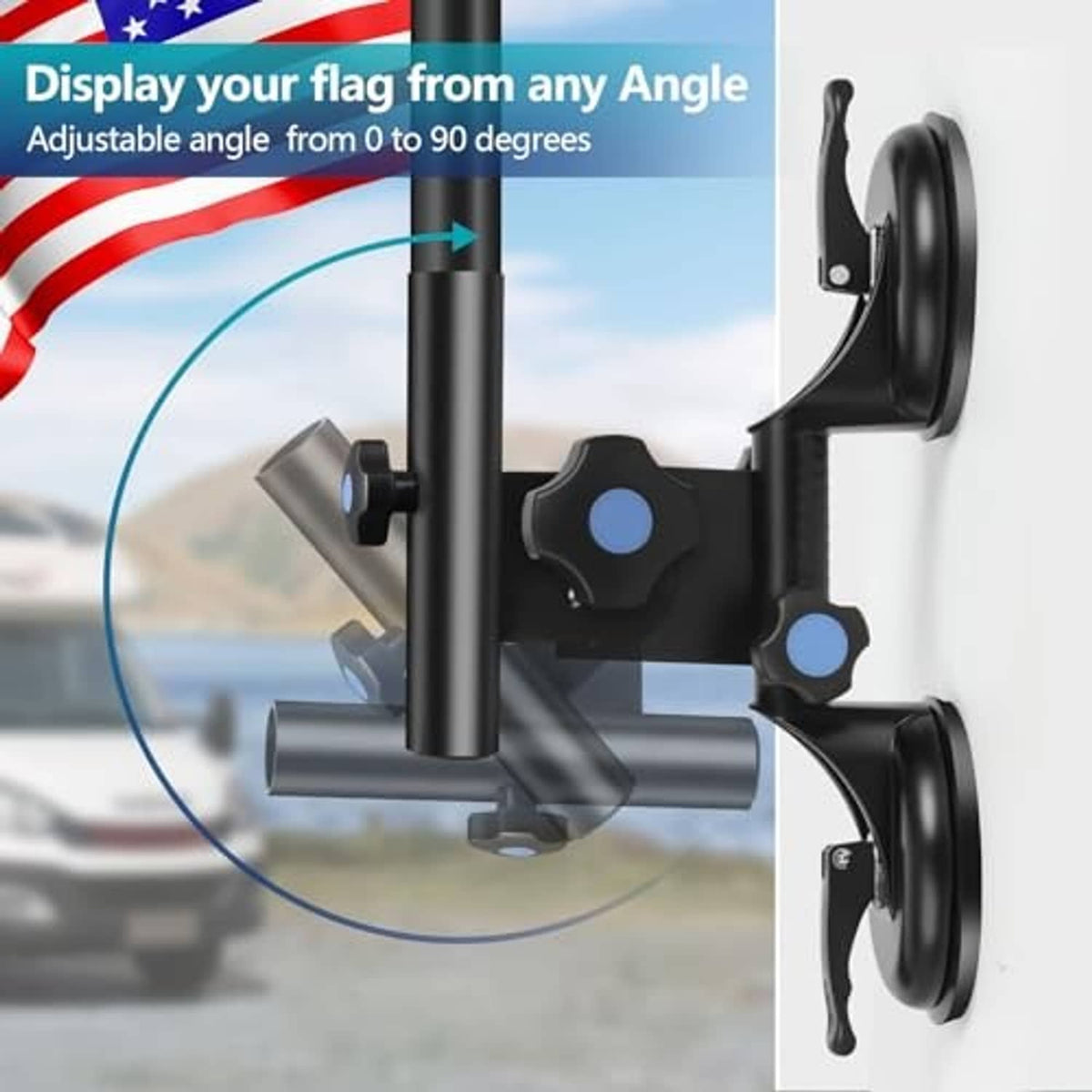 Black adjustable-angle RV suction cup flagpole mount with spring clips and pole