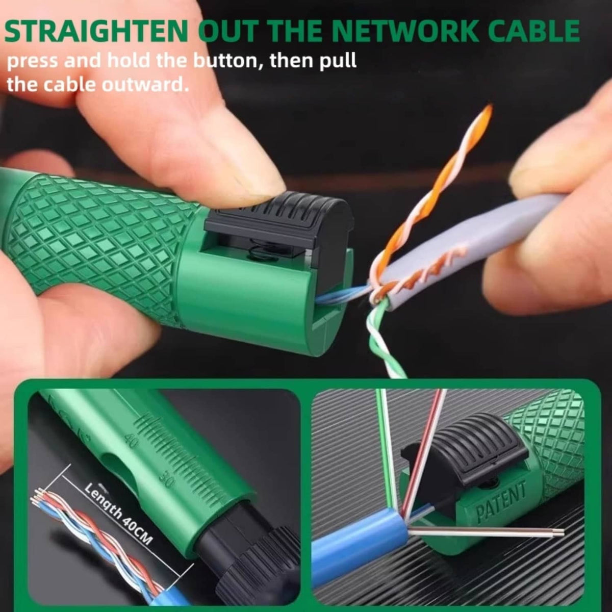 3-in-1 rotary cable stripper holding a network cable for straightening and pulling