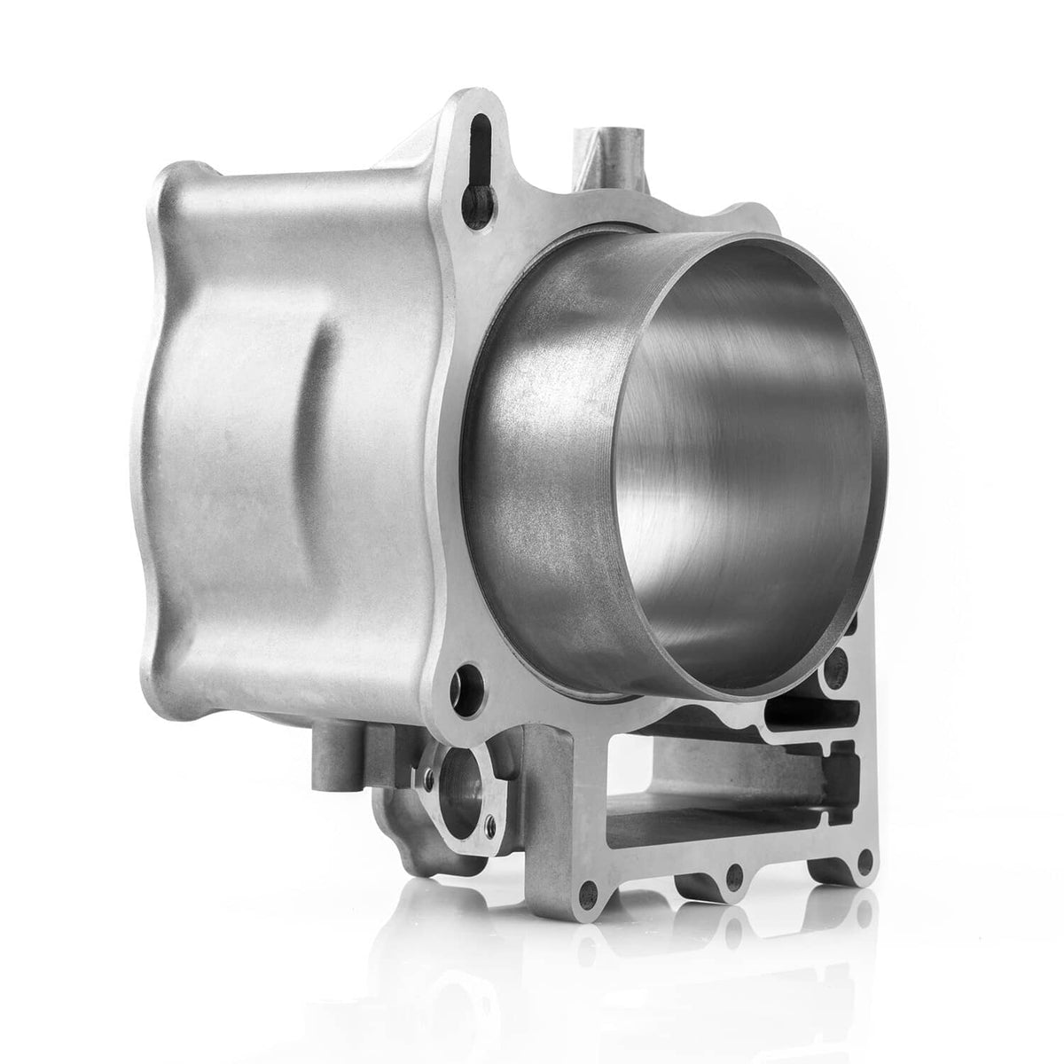 Aluminum cylinder jug housing with large circular bore and side mounting holes