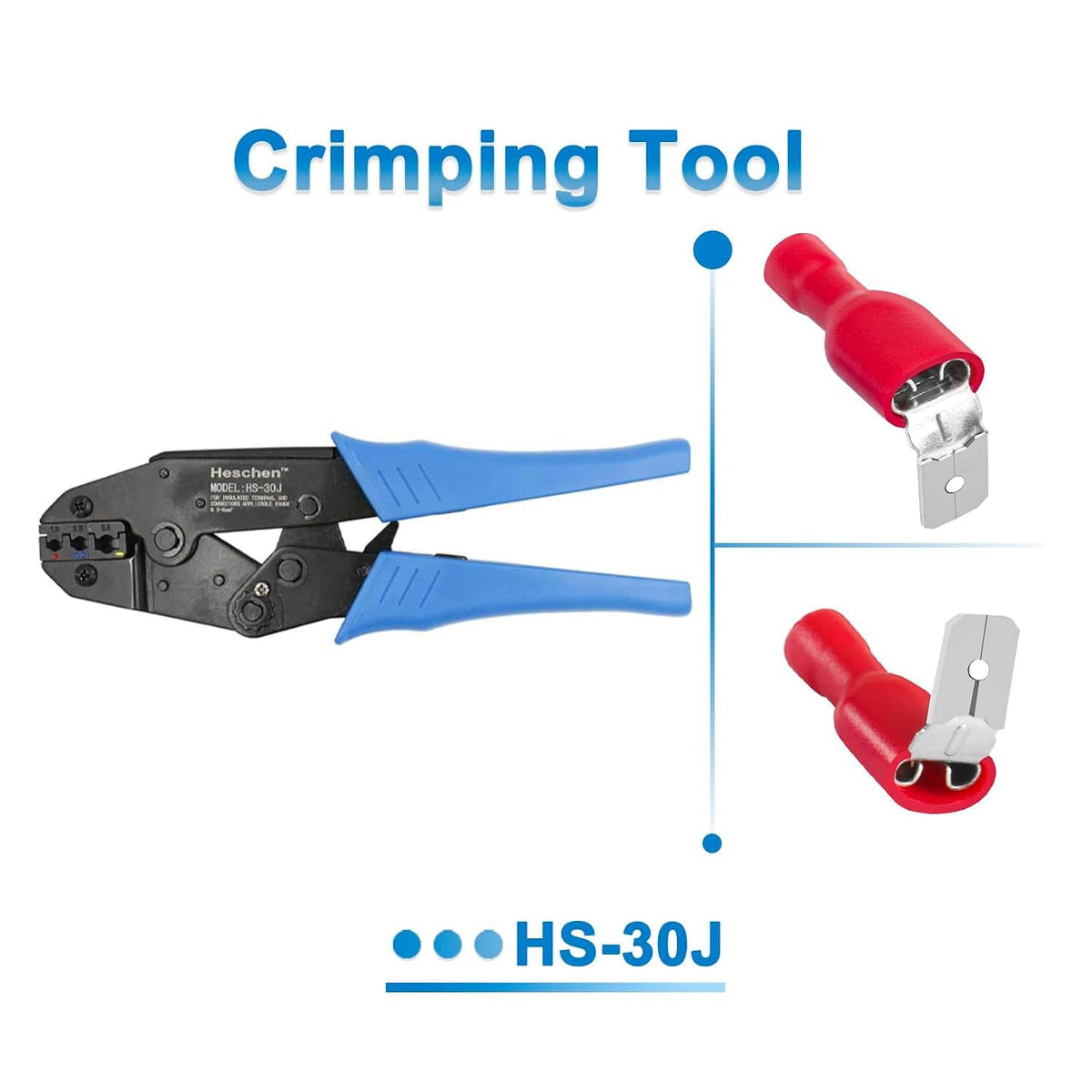 Red insulated spade crimp terminal connector with crimping tool HS-30J