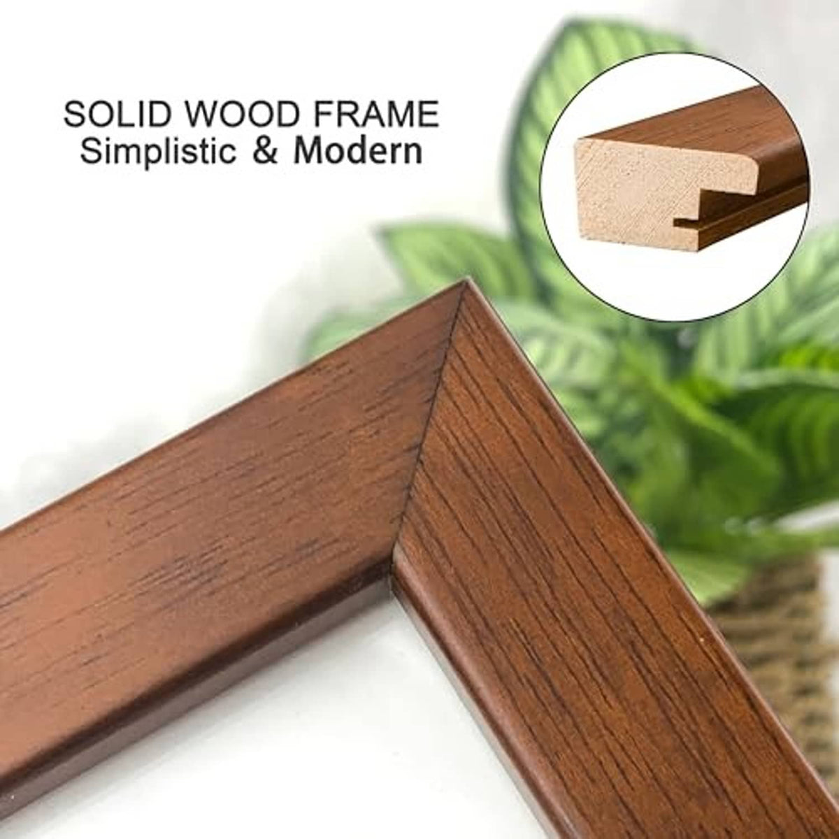 Brown solid-wood picture frame corner with clean mitred join detail