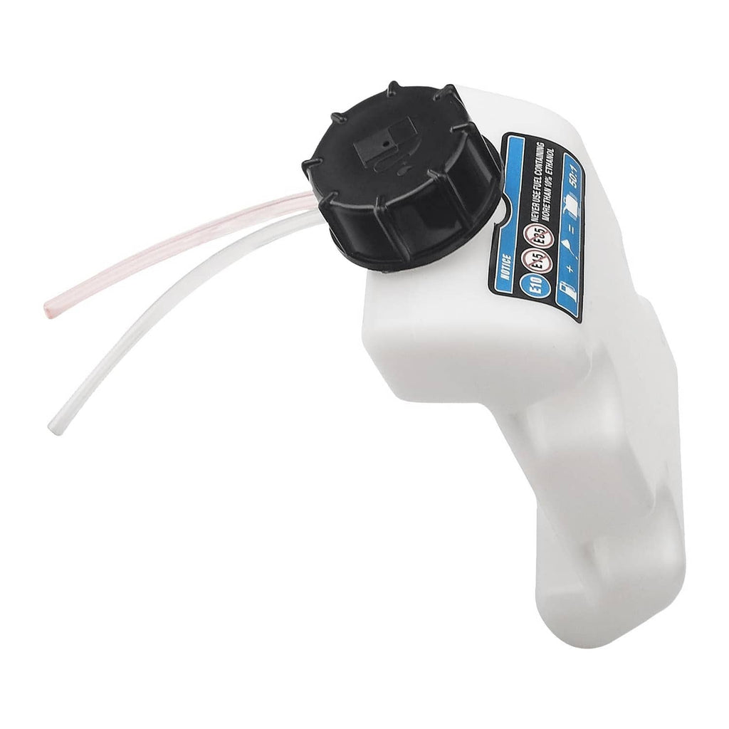 White string trimmer fuel tank assembly with black cap and fuel line
