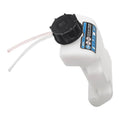 White string trimmer fuel tank assembly with black cap and fuel line