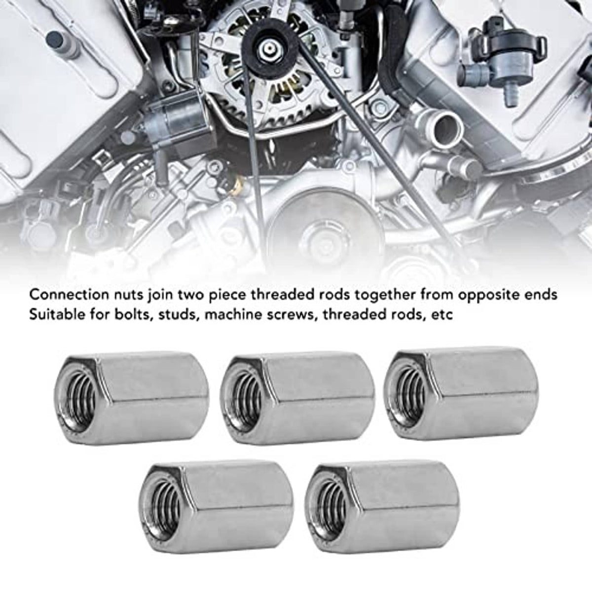 Five stainless hex coupling nuts with threads visible, compact cylindrical shape