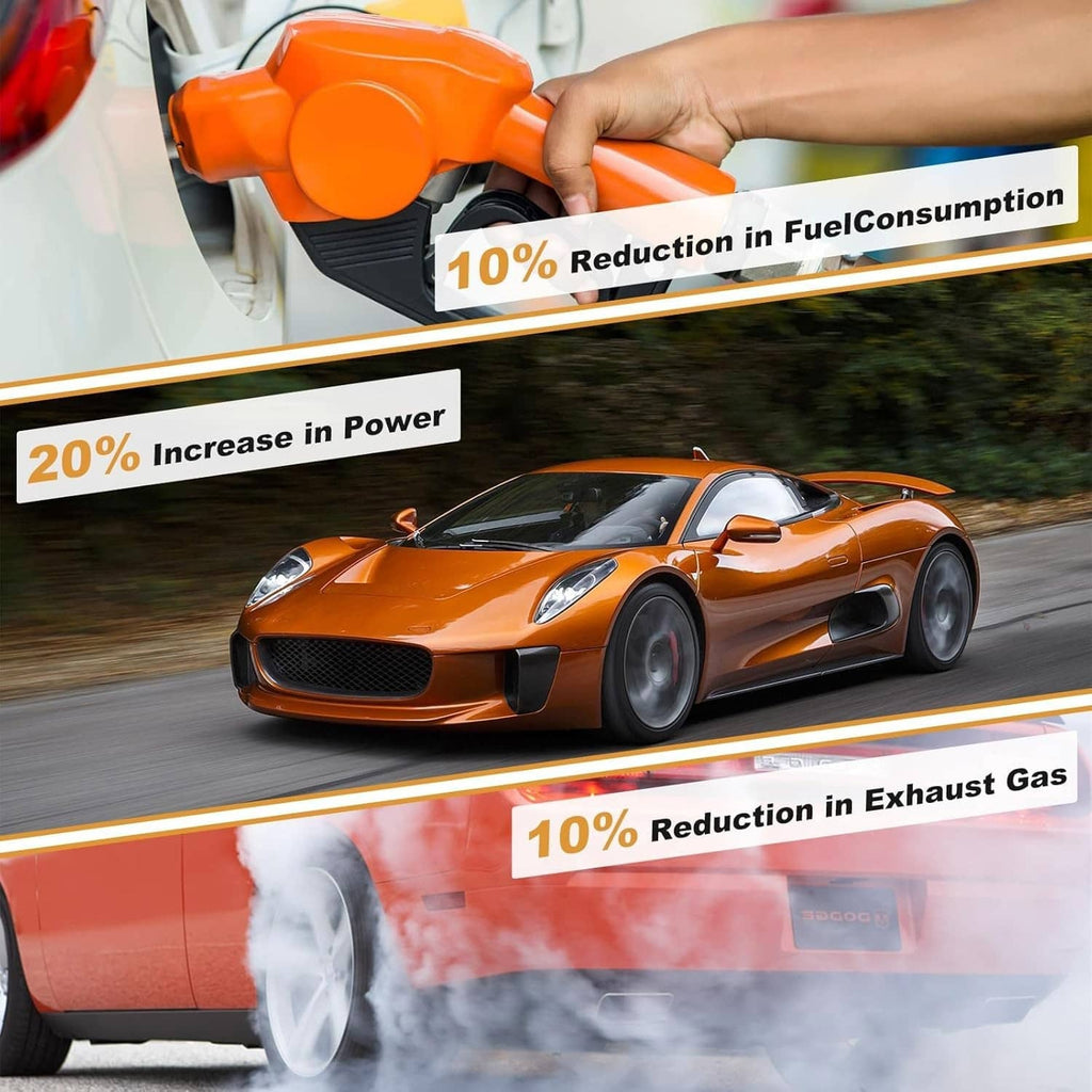 Fuel saving and emissions reduction promotional graphic with fuel nozzle and sports car
