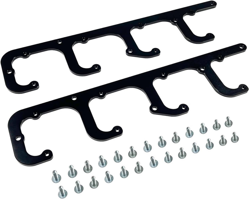 Black metal ignition coil guide bracket with curved coil cutouts and included screws