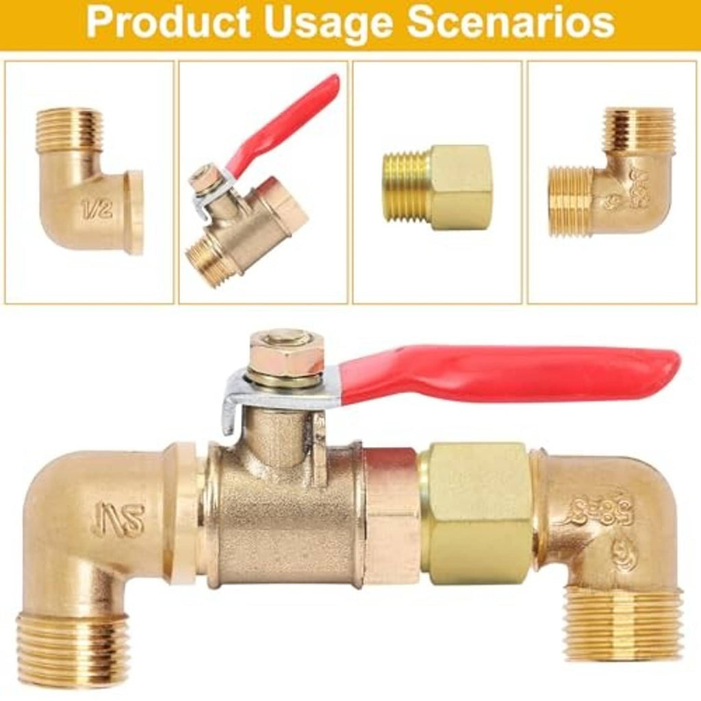 Brass 90-degree elbow fitting with male-to-female NPT ends, thread close-up