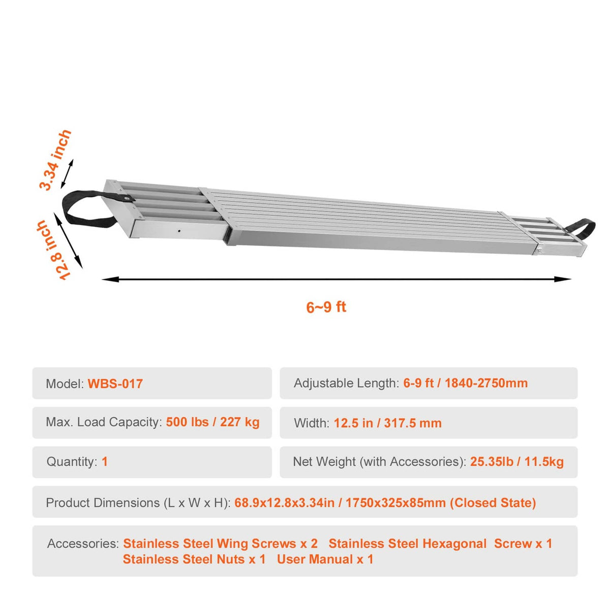Aluminum adjustable scaffold plank with black carry straps and ribbed top deck
