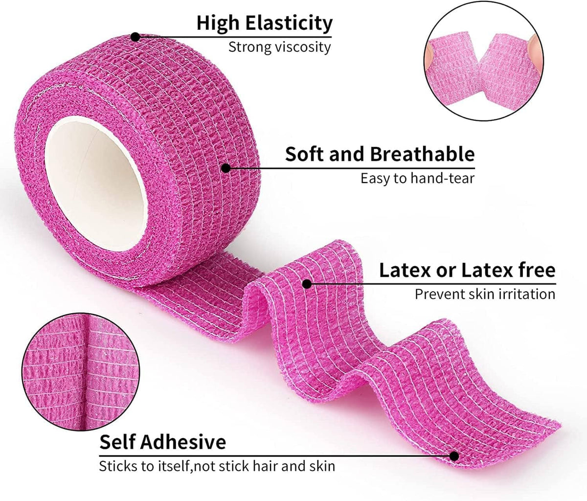Pink self-adhesive elastic bandage wrap roll with attached strip end