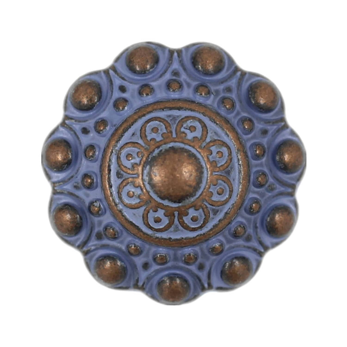 Engraved blue metal shank button with bronze-tone domed studs and ornate circular center