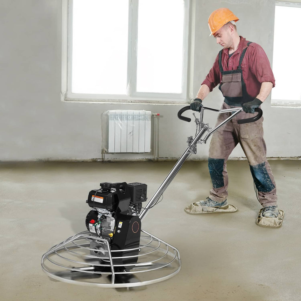 Gas power trowel in use: operator grips handle as unit powers the floating pan