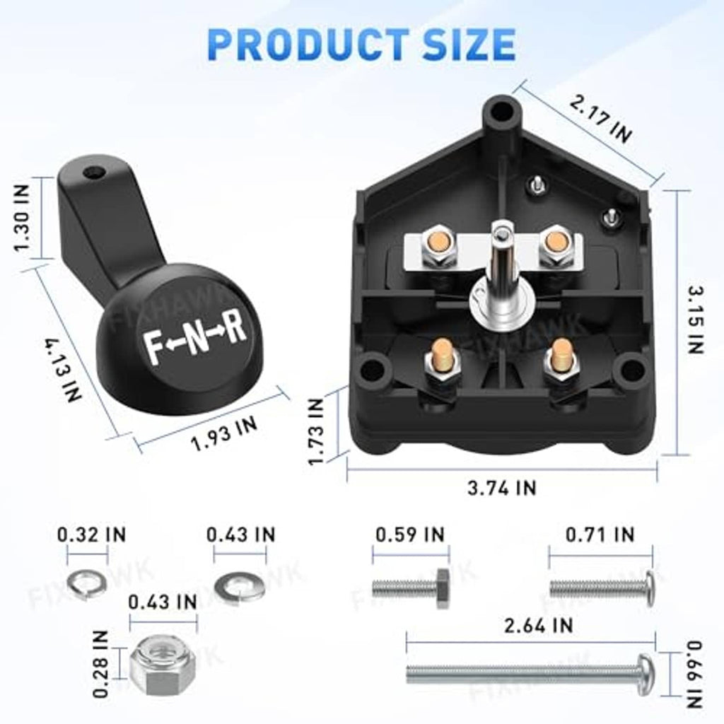 Forward/reverse switch assembly with handle and mounting base, includes size details