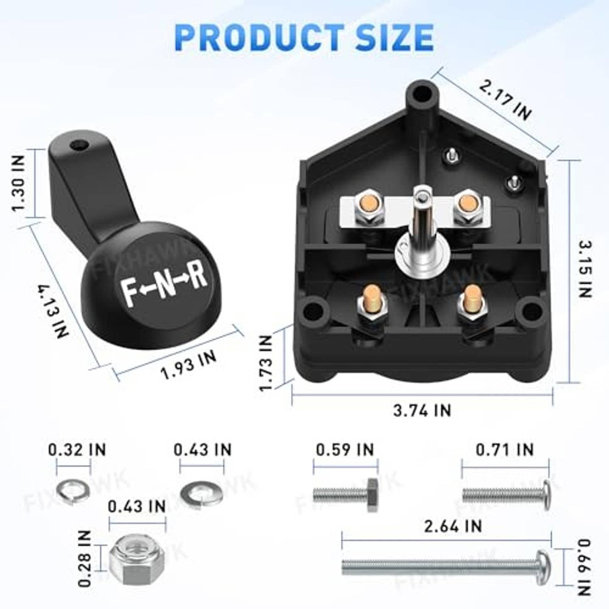 Forward/reverse switch assembly with handle and mounting base, includes size details