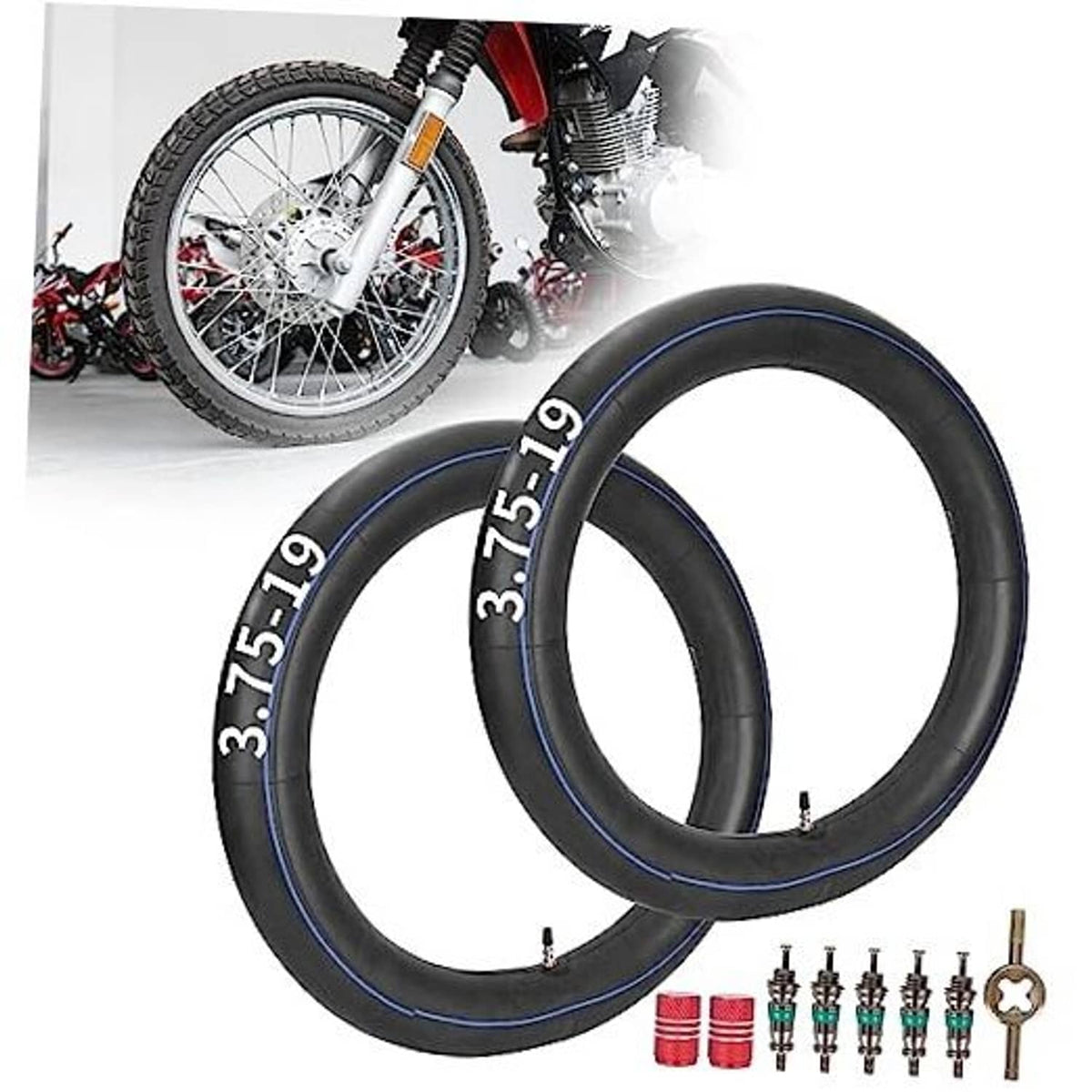 Motorcycle inner tubes, black with blue stripe, 3.75-19 and 3.5/4.00-19