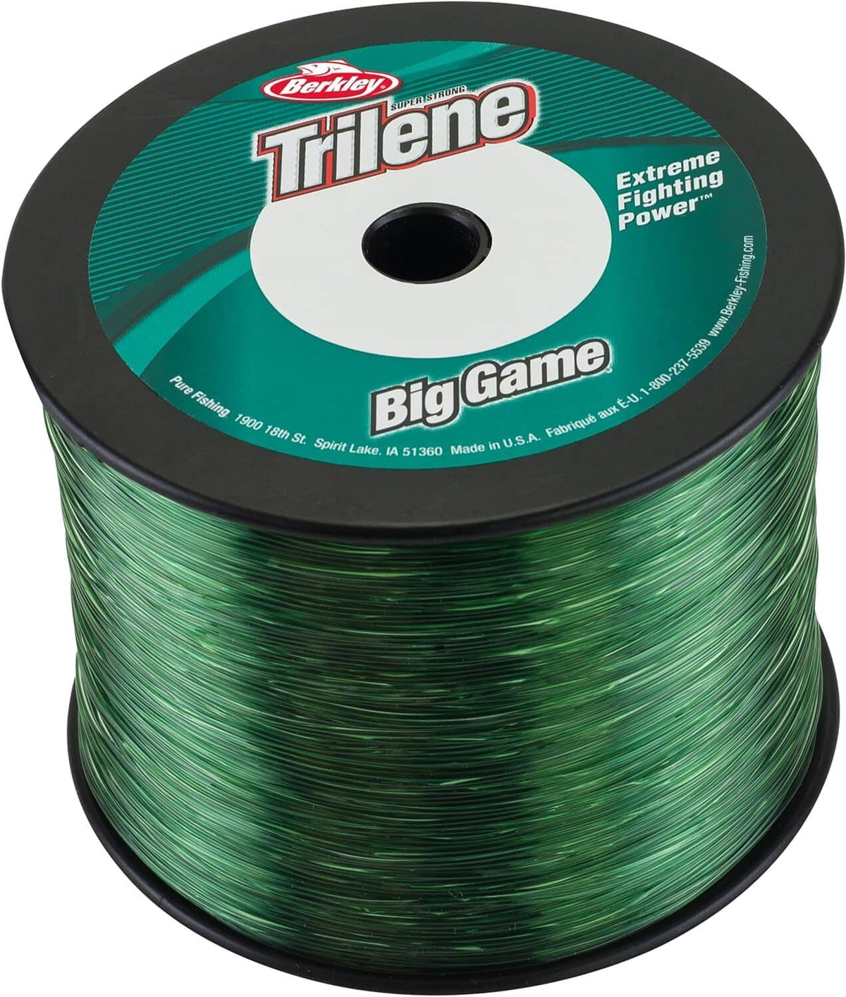 Fishing line spool with dark green monofilament line, Berkley Trilene Big Game label