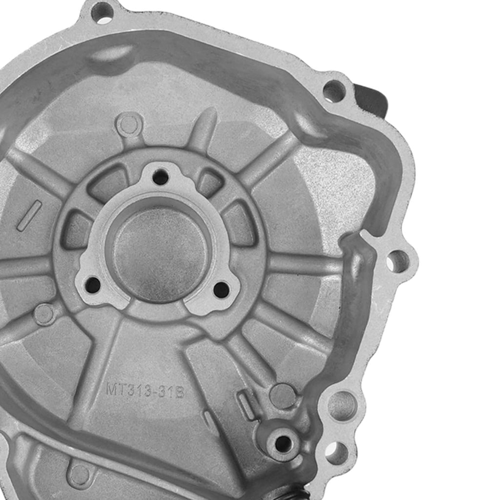 Silver engine stator cover crankcase housing with circular center opening
