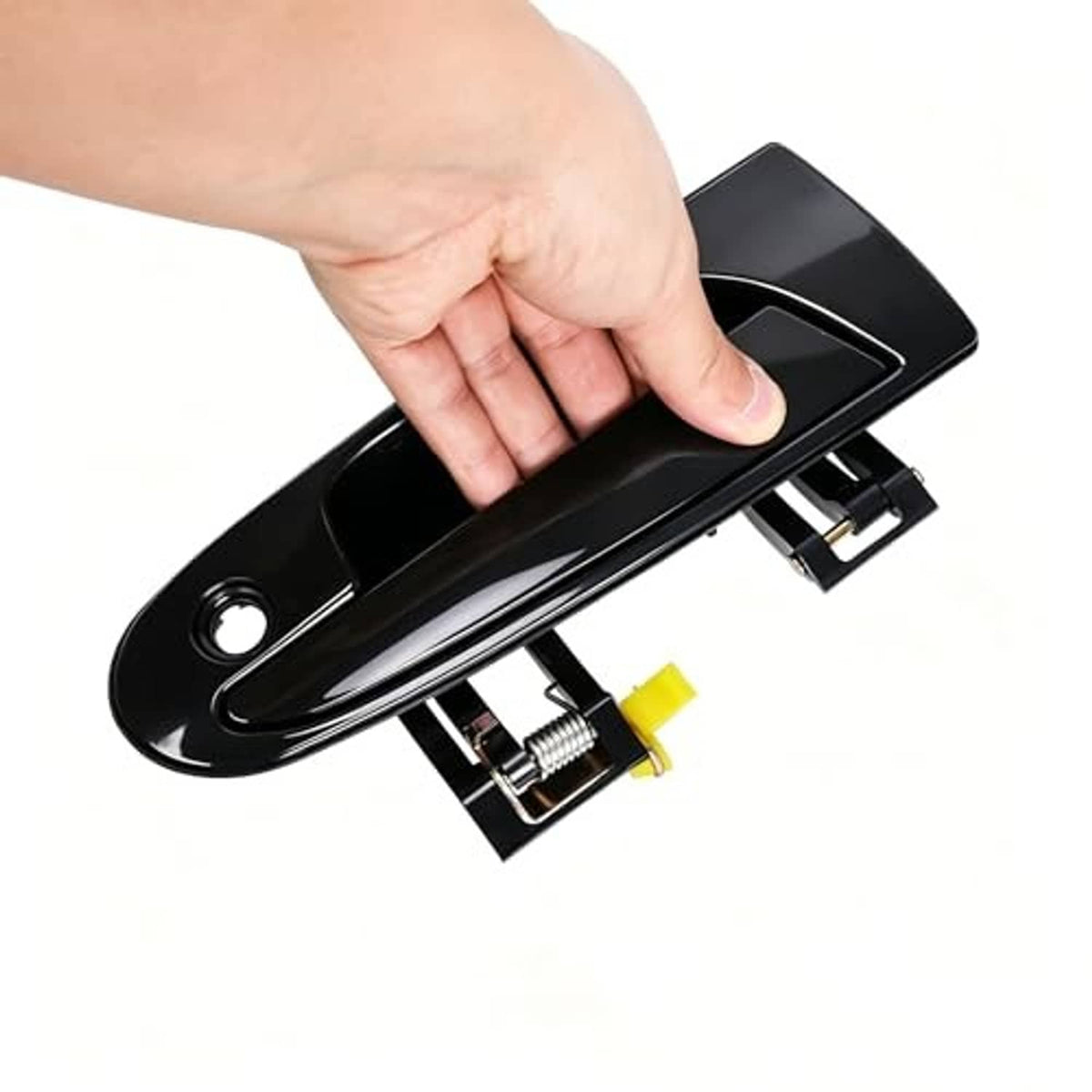 Black exterior door handle being pressed by hand with internal latch parts exposed