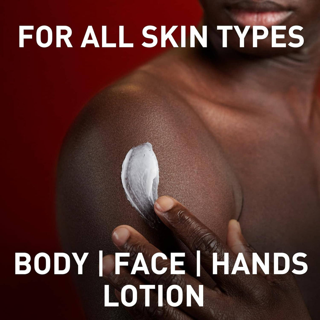 Hand spreading white lotion on skin; body, face, and hands lotion label text