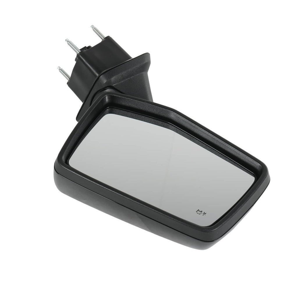Black exterior side mirror with clear glass and connector prongs, top angle