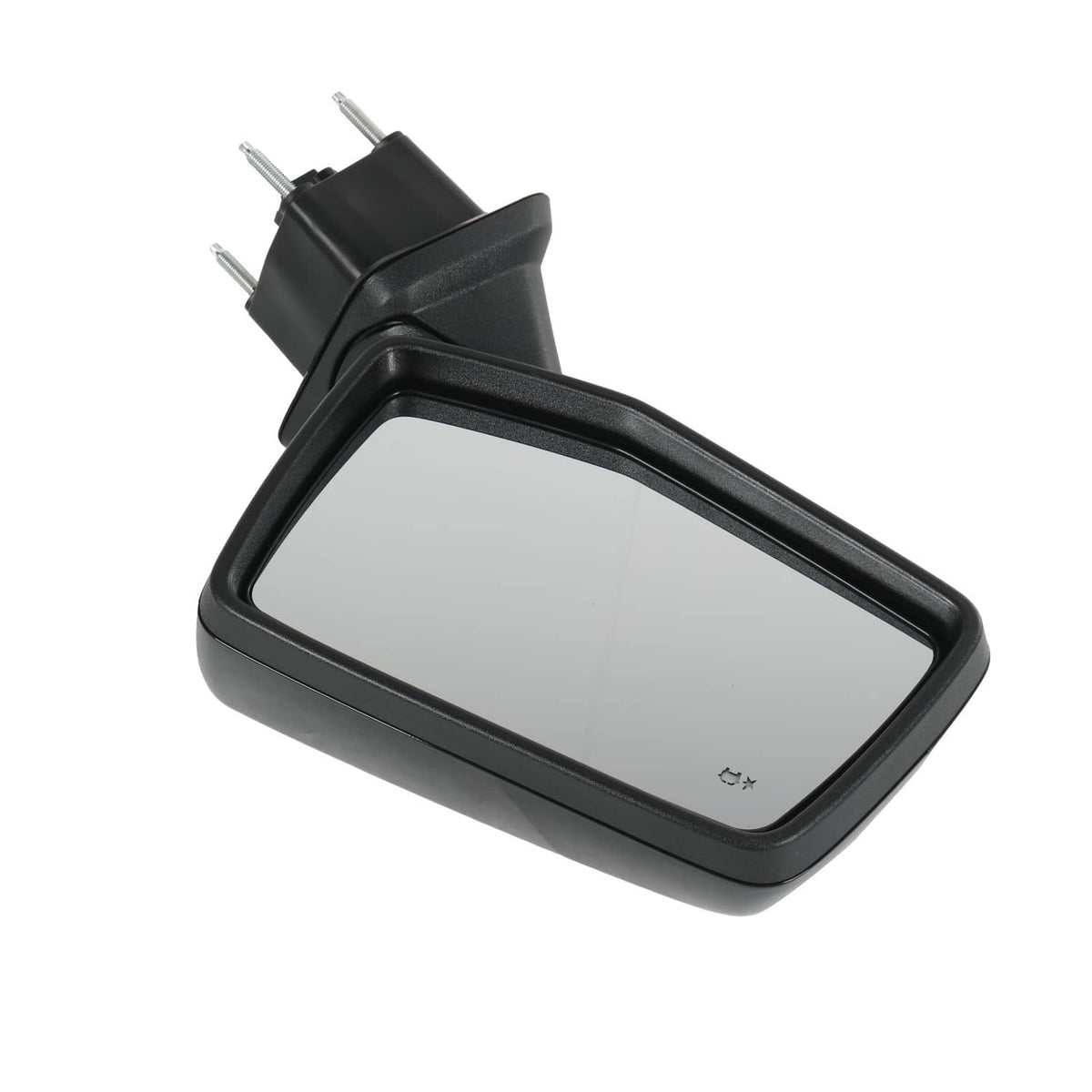 Black exterior side mirror with clear glass and connector prongs, top angle