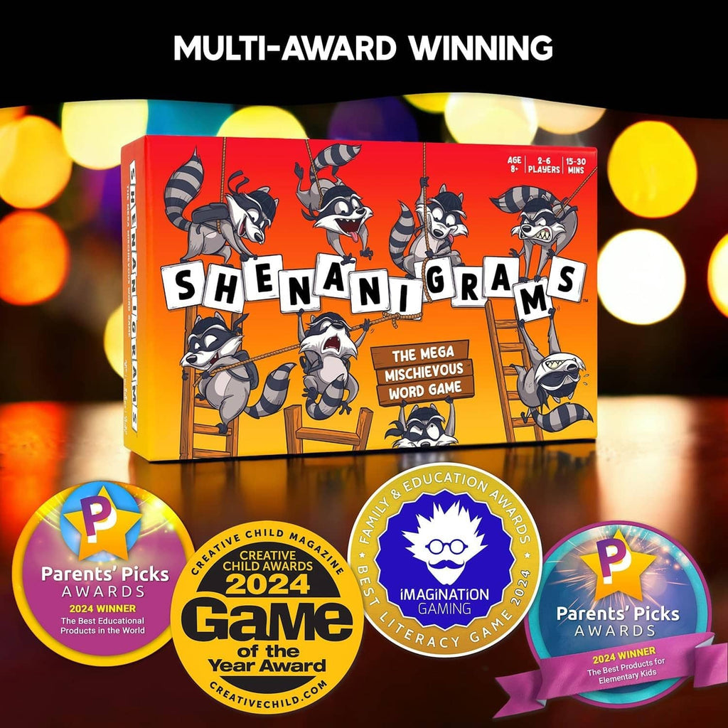 Shenanigrams word game box with multi-award badges and round Parents’ Picks labels