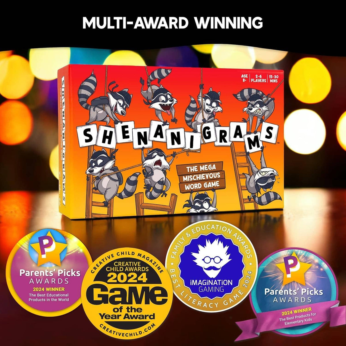 Shenanigrams word game box with multi-award badges and round Parents’ Picks labels