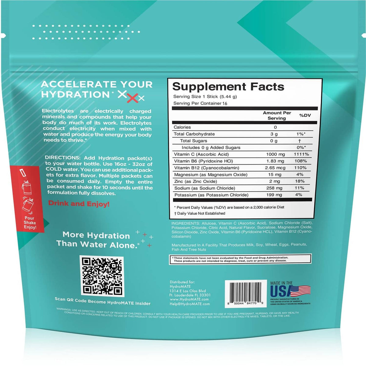 HydroMate hydration packet bag back with Supplement Facts and barcode