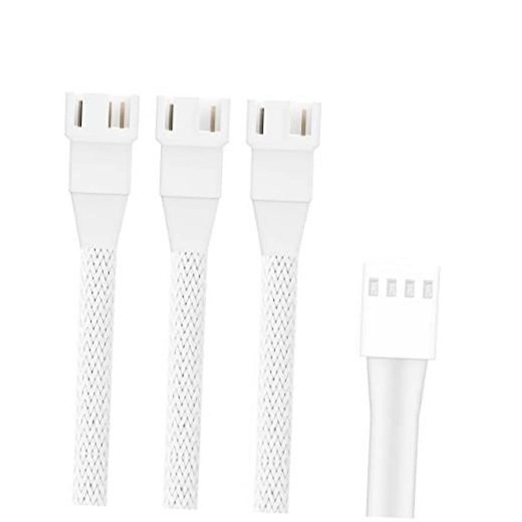 White 4-pin PWM fan splitter cable, 1-to-3 way, with three plug ends and braided leads
