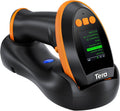 Wireless barcode scanner with screen, black body and orange accents on cradle base
