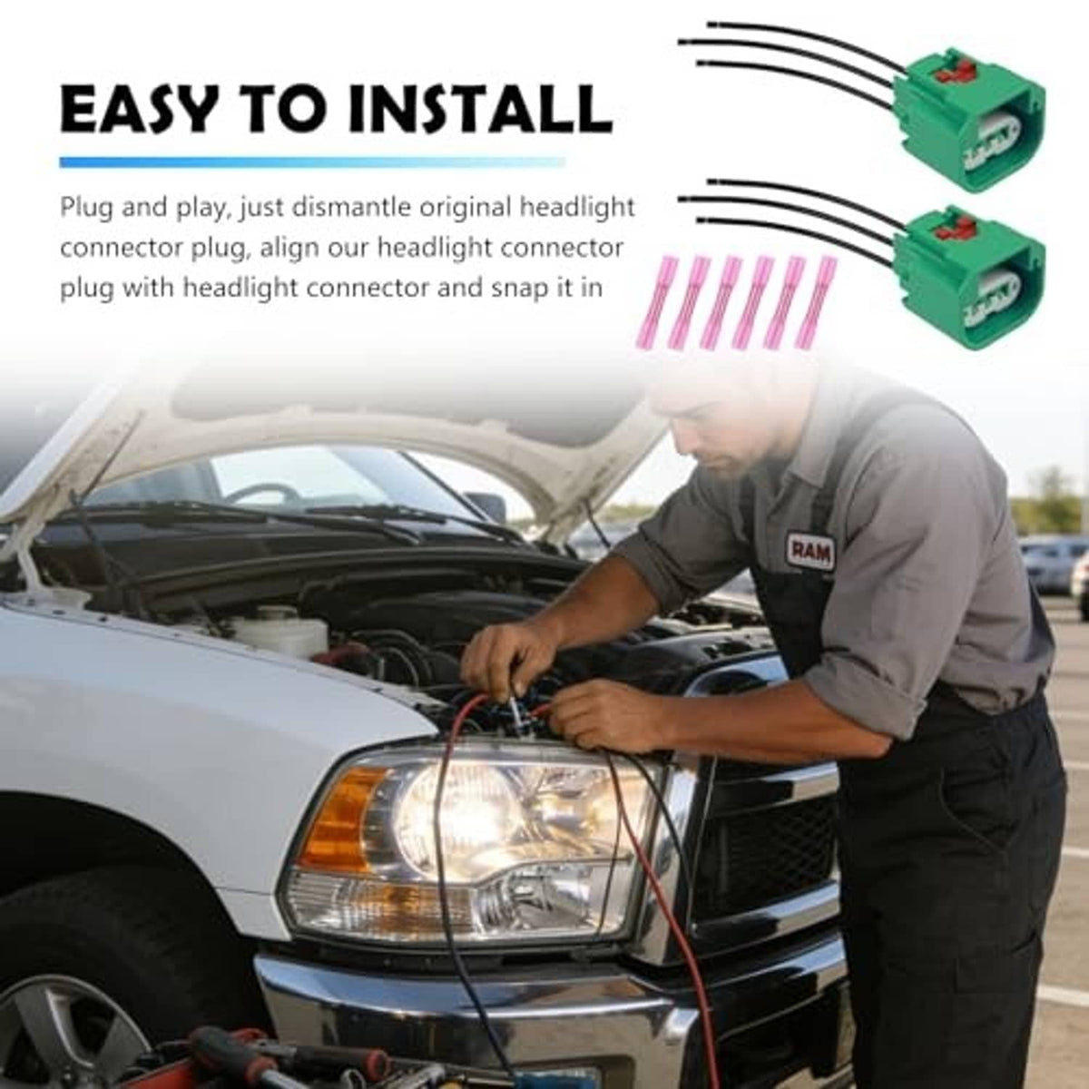 Headlight wiring harness installation with green connectors and black wires in engine bay