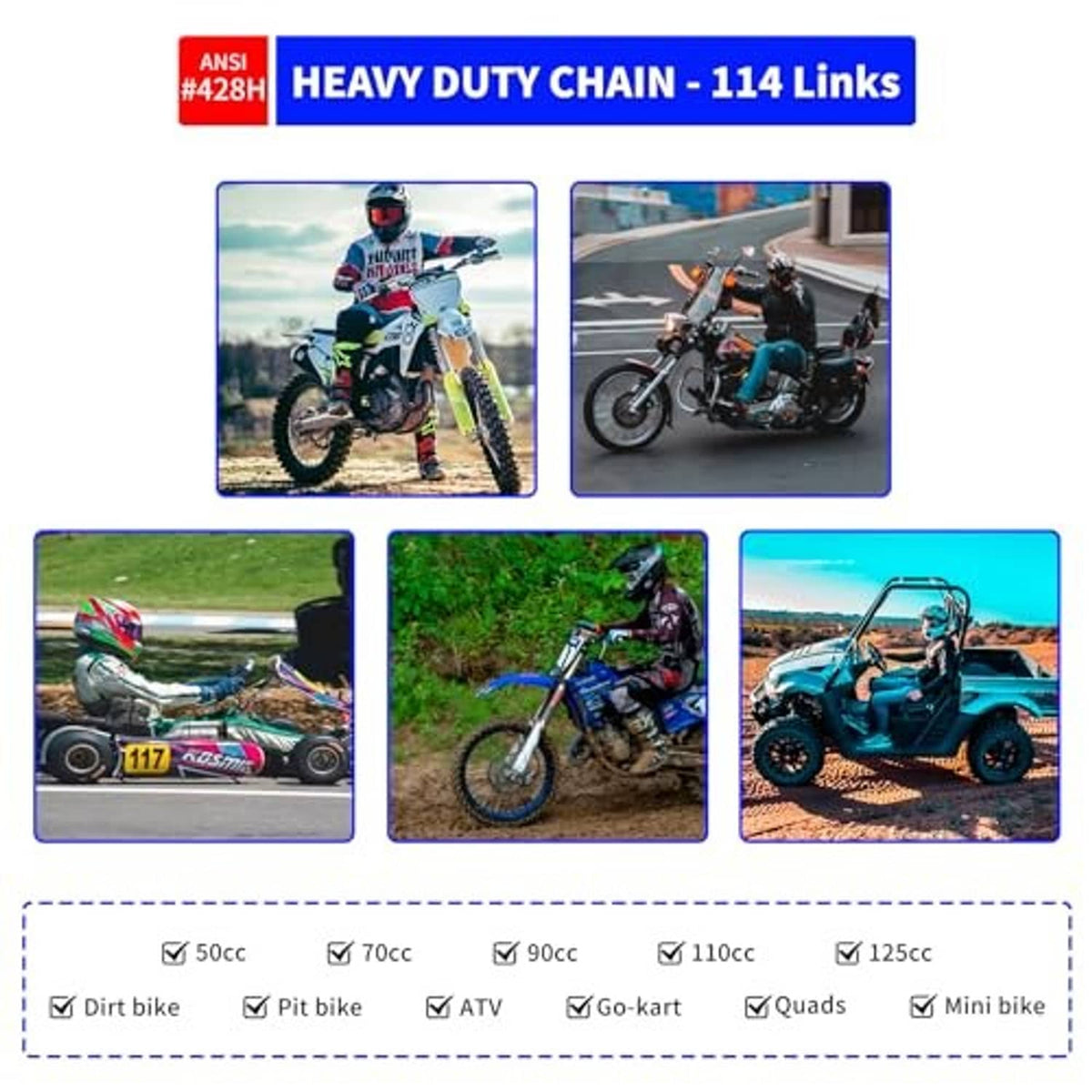 Heavy-duty motorcycle chain with 114 links, shown with off-road vehicle use panels