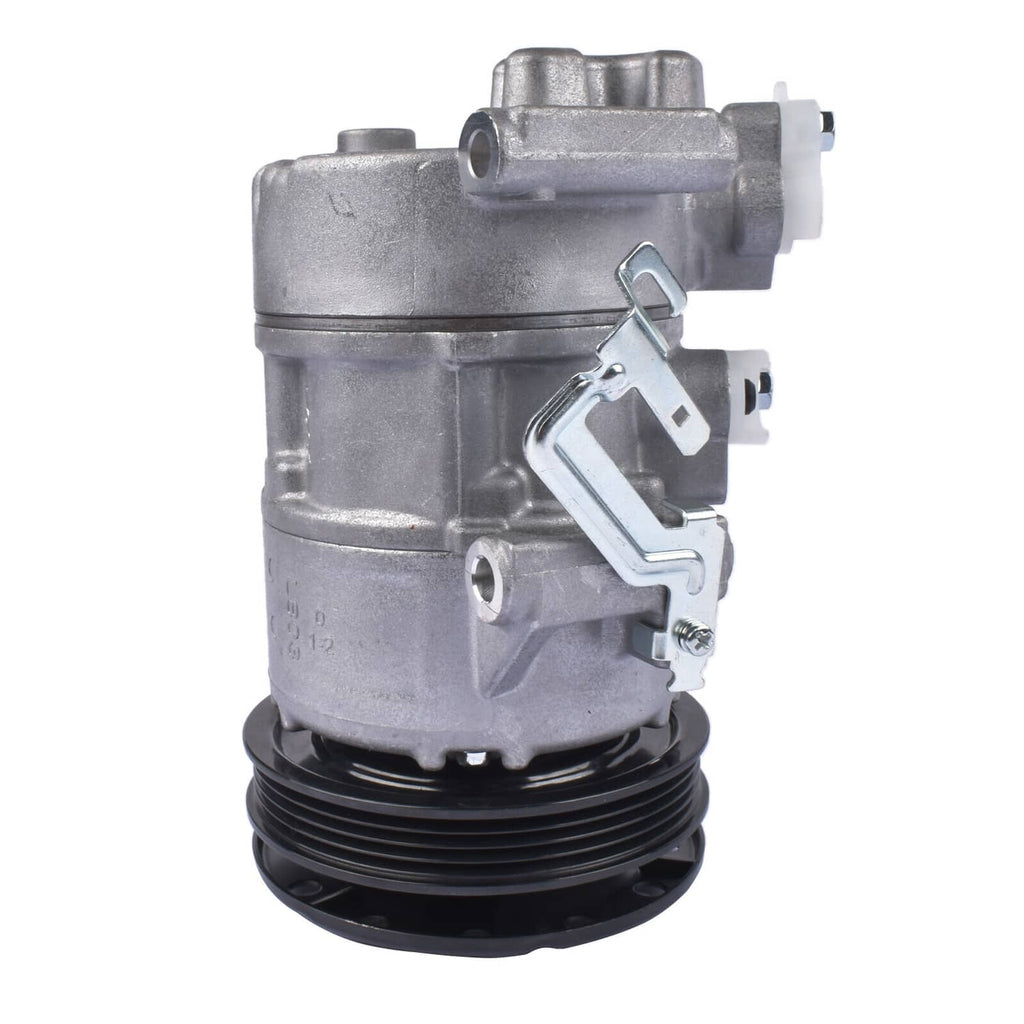A/C compressor with silver housing and black pulley belt groove, service mounting bracket