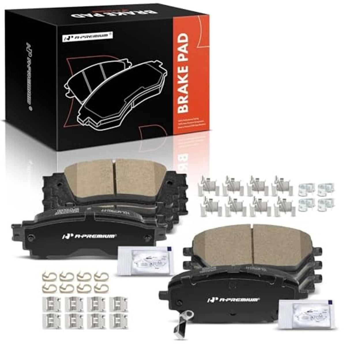 Ceramic brake pad set with beige friction pads, brake hardware, and shims in packaging