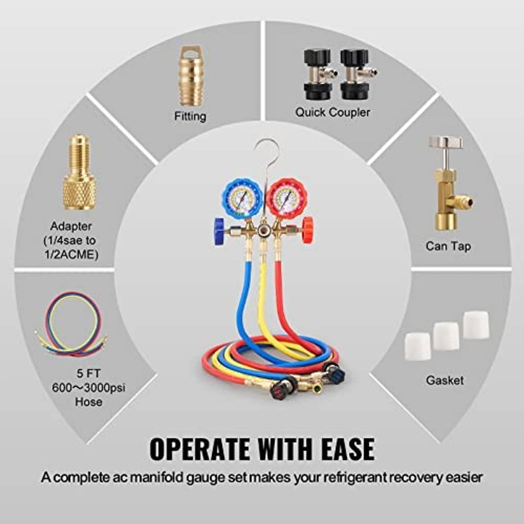 AC manifold gauge kit with blue and red gauges, colored hoses, and included adapters