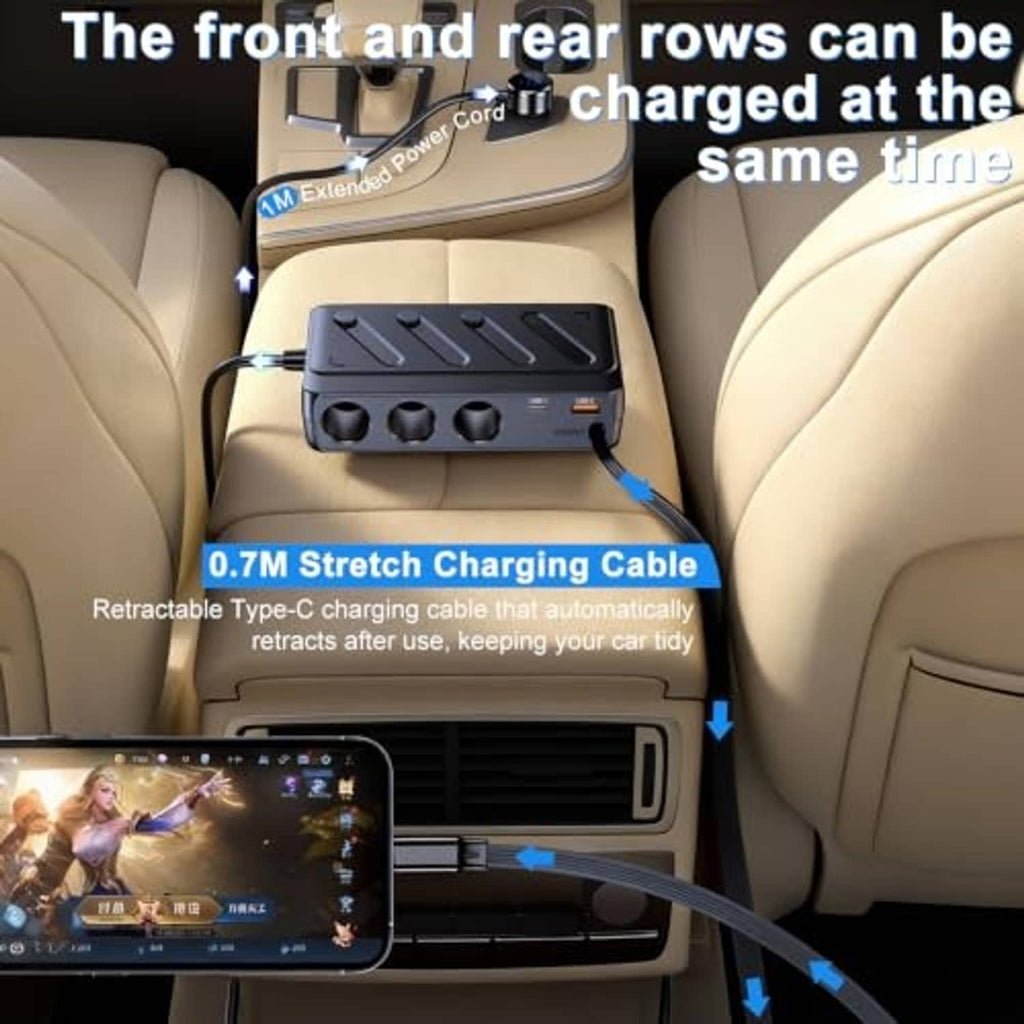 Car power splitter with retractable Type-C charging cable and three front sockets
