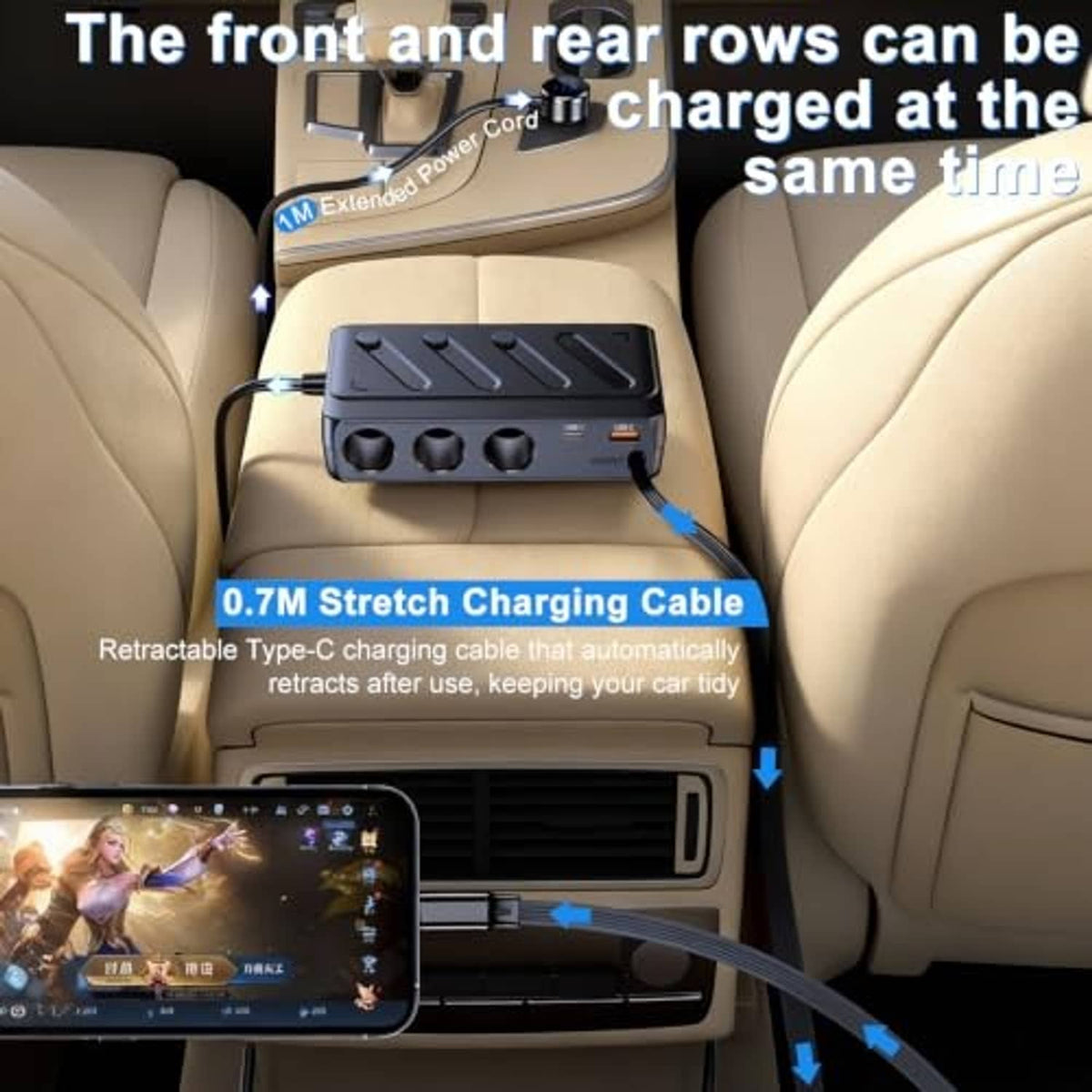 Car power splitter with retractable Type-C charging cable and three front sockets